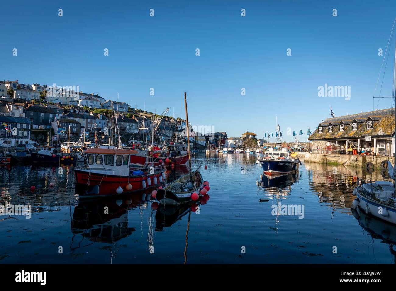 Boats in Mevagissey Harbour, Cornwall, UK Stock Photo