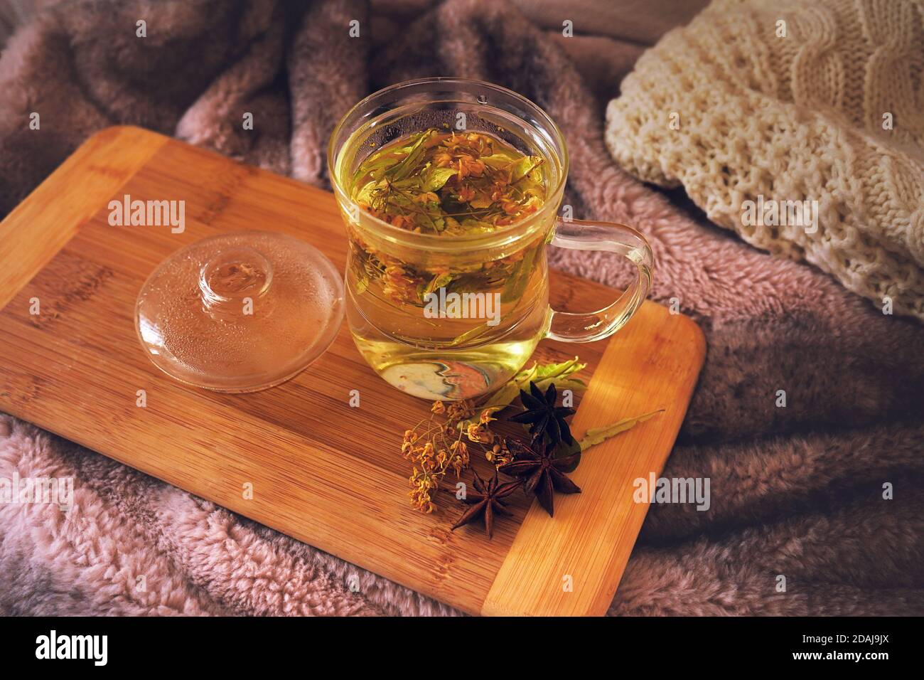 Linden tea on a chopping board with some herbs around. Cozy home felling. Stock Photo