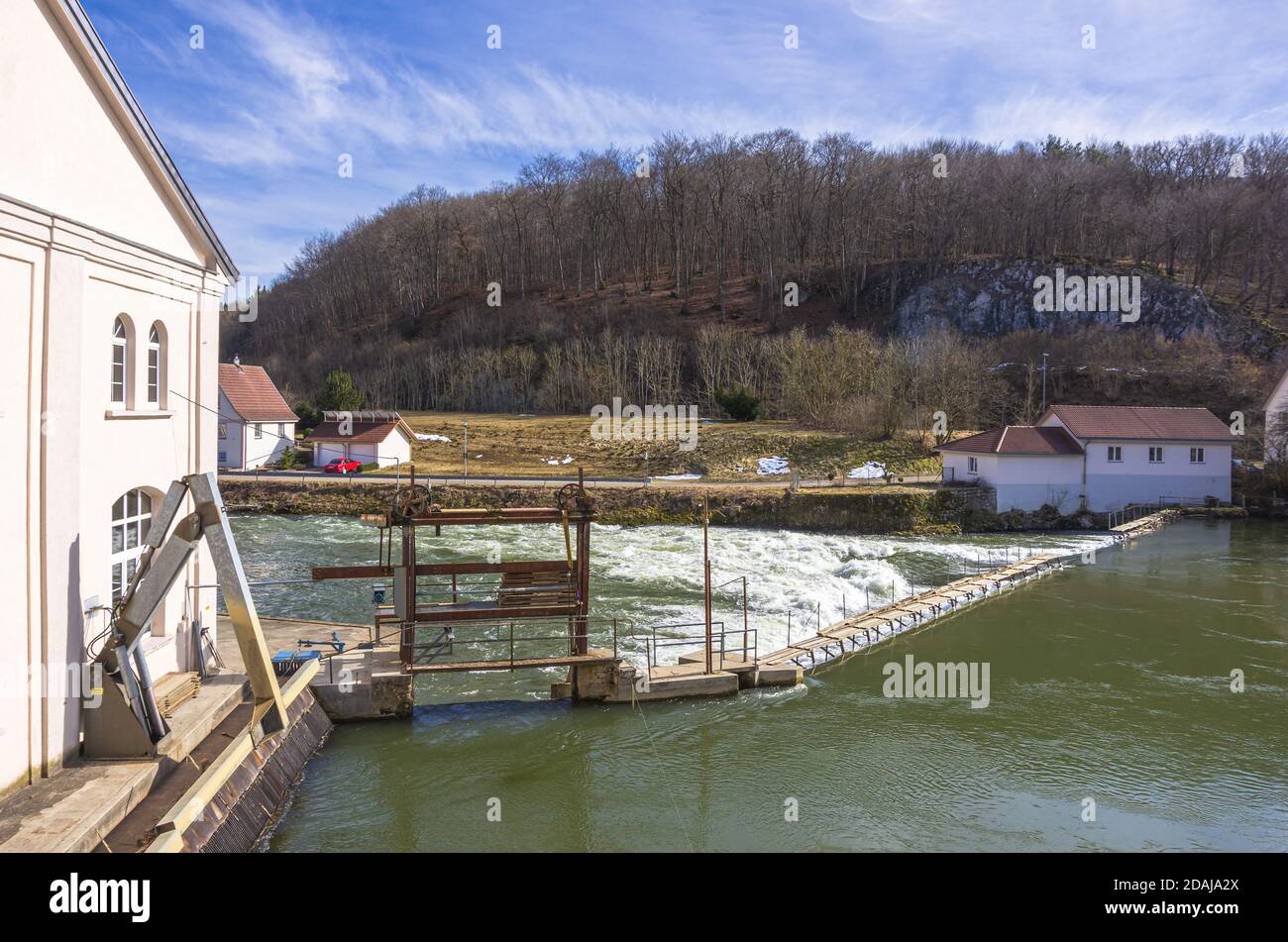 Weir and hydroelectric power plant, Rechtenstein at the Danube, Baden-Wurttemberg, Germany. Stock Photo