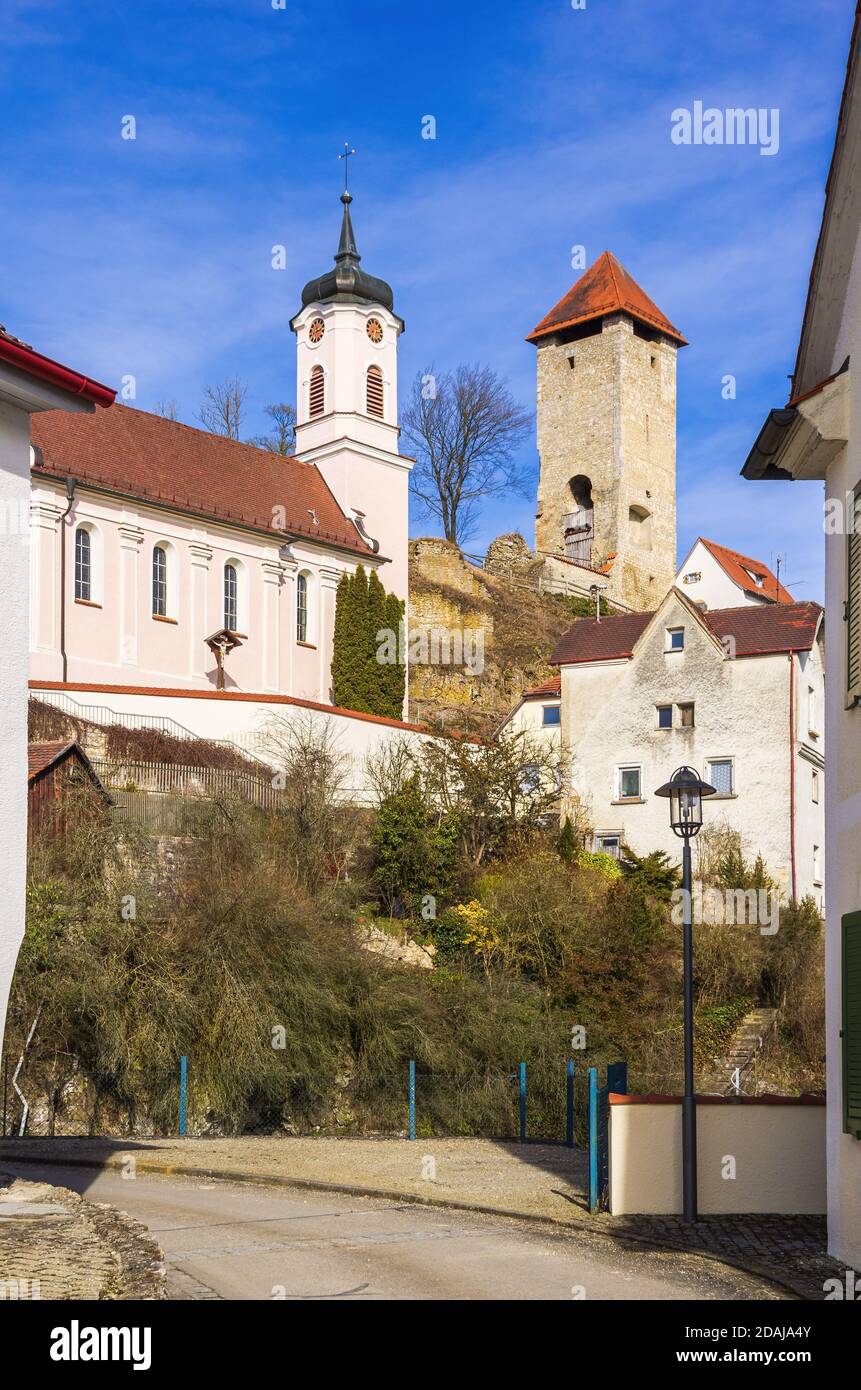 Church and castle ruins, Rechtenstein on the Danube, Baden-Württemberg, Germany. Stock Photo