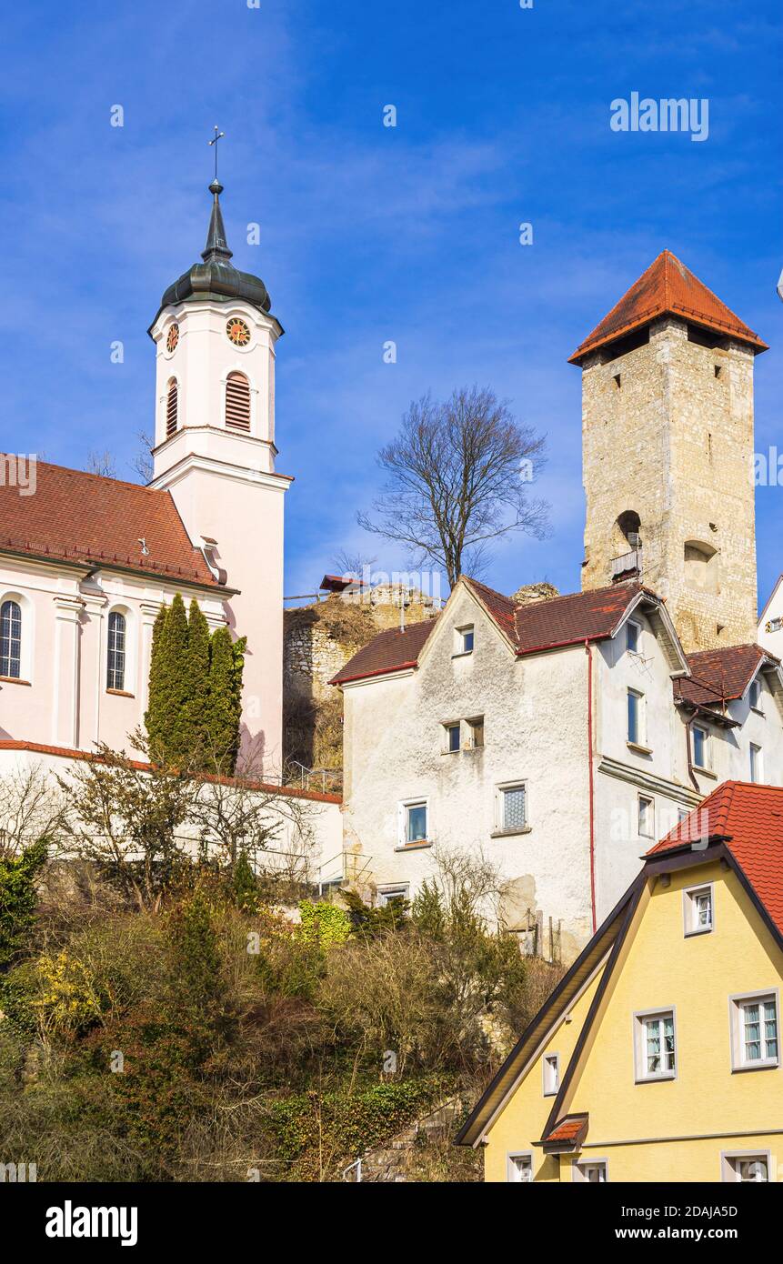 Church and castle ruins, Rechtenstein on the Danube, Baden-Württemberg, Germany. Stock Photo
