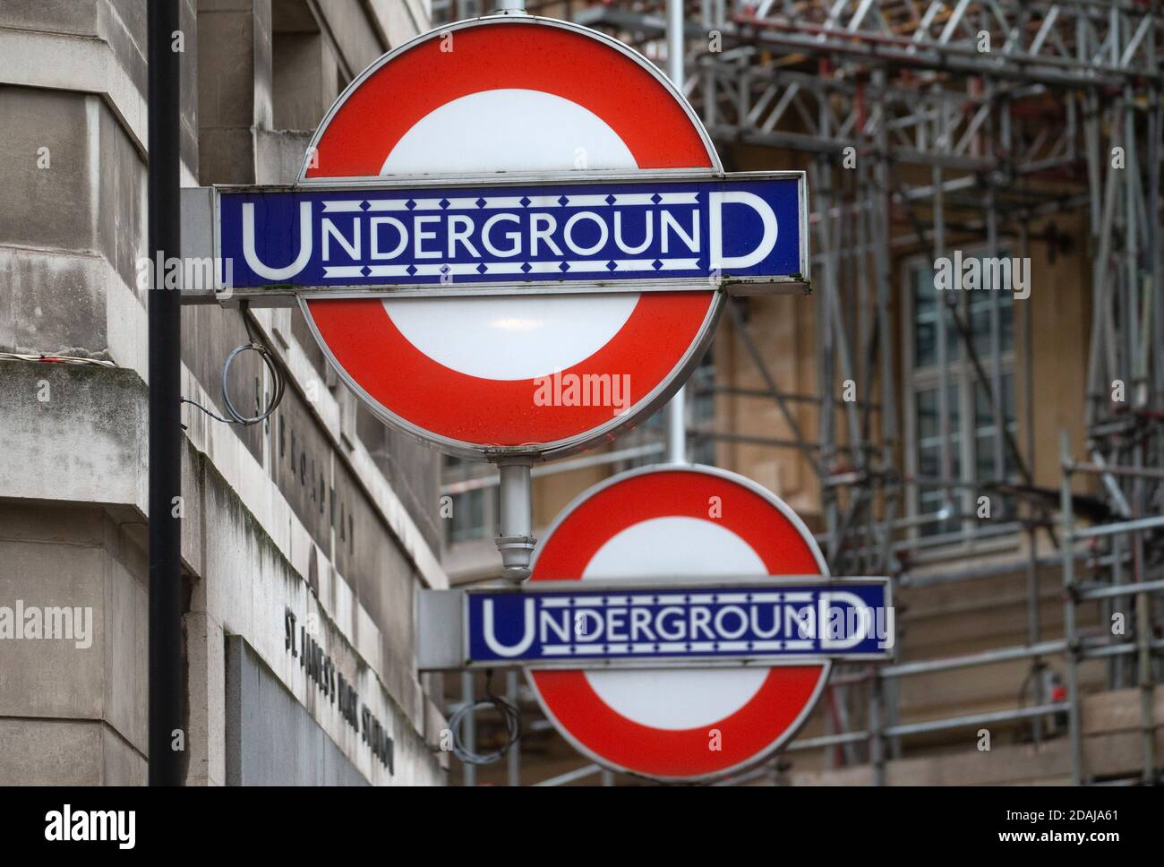 London Underground Roundel signs at St James's Park station at 55 Broadway.The first Roundel appeared at St James's Park station in 1908. Stock Photo