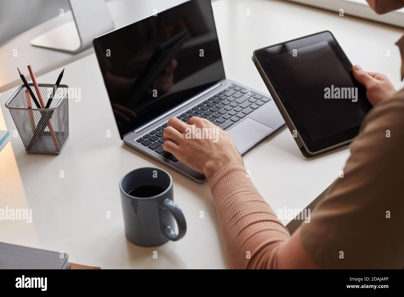 Tablet pc cup of coffee and keyboard on table hi-res stock photography ...