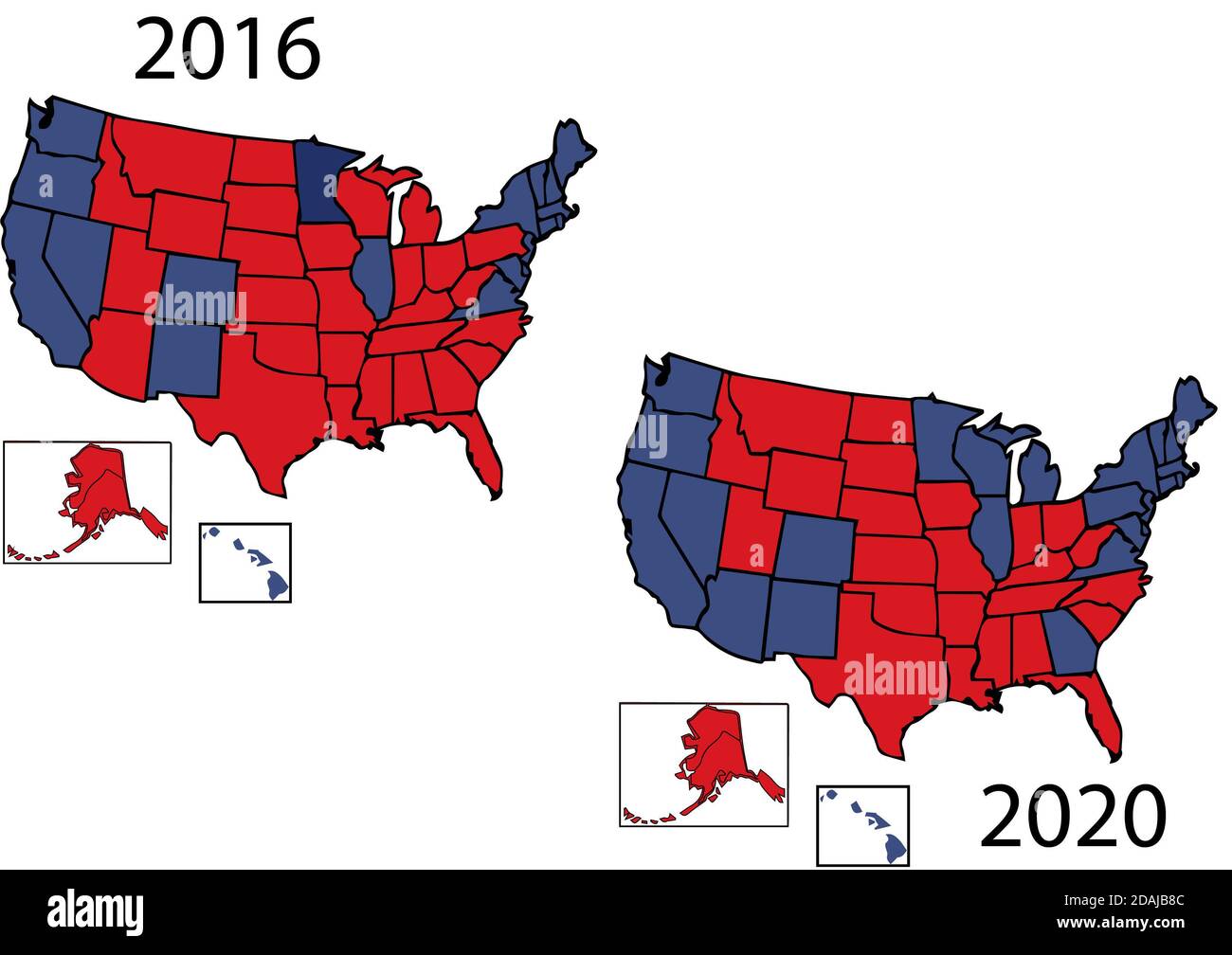2020 General Presidential electoral map of 50 United States colored in Republican Red, Democrat Blue. Stock Photo