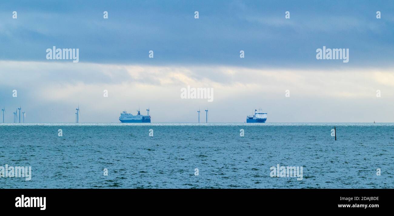 Vehicle Ferries Passing at Mouth of Thames Close to London Array Wind ...
