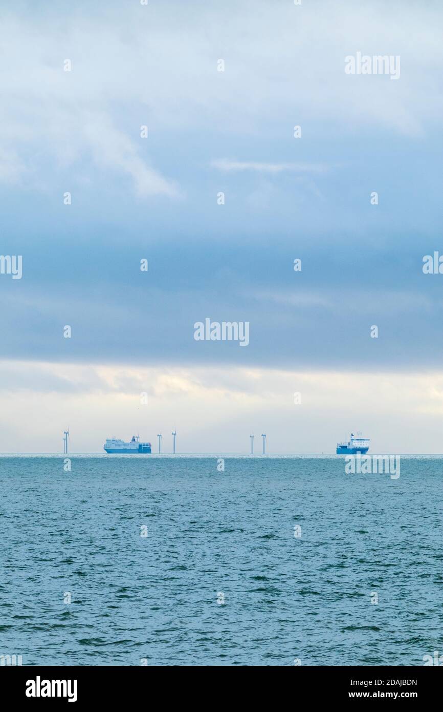 Vehicle Ferries Passing at Mouth of Thames Close to London Array Wind ...