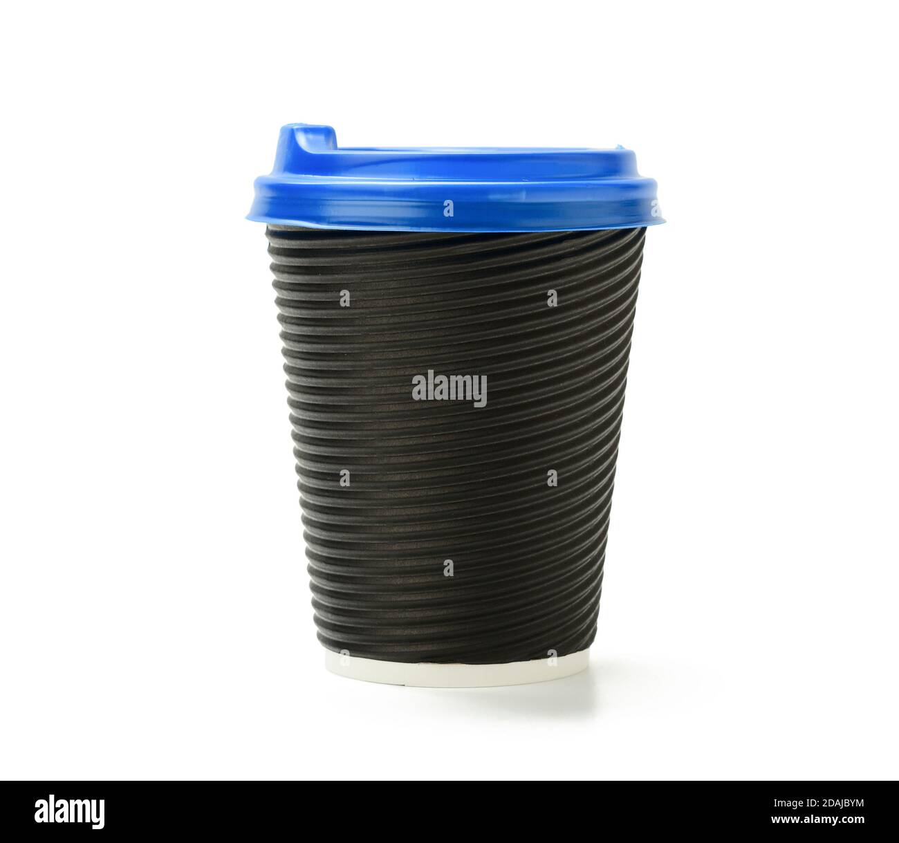 disposable hot drink paper cup with blue lid isolated on white