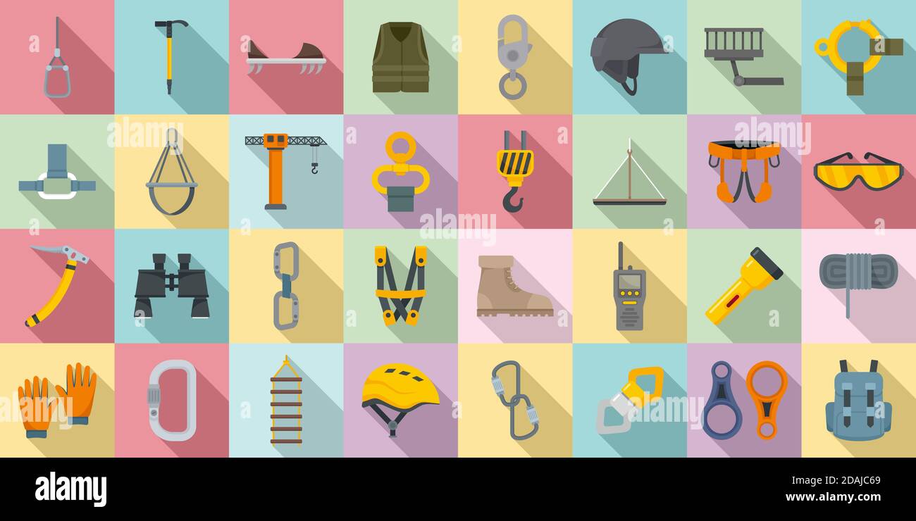 Industrial climber icons set, flat style Stock Vector
