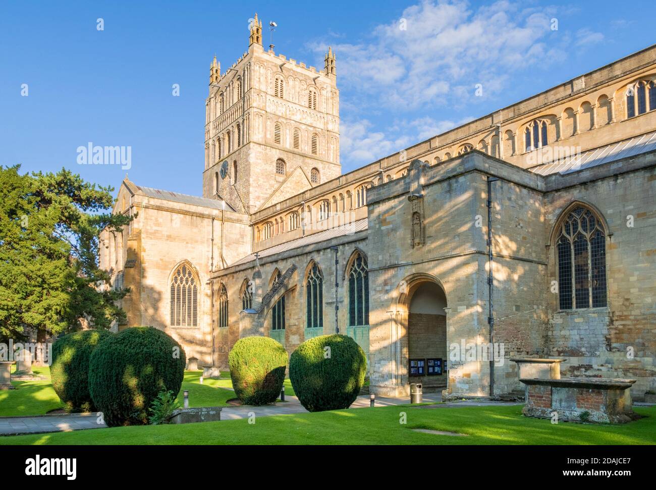 Tewkesbury Abbey tewkesbury or the Abbey Church of St Mary the Virgin  from the graveyard Tewkesbury, Gloucestershire, England, GB, UK, Europe Stock Photo