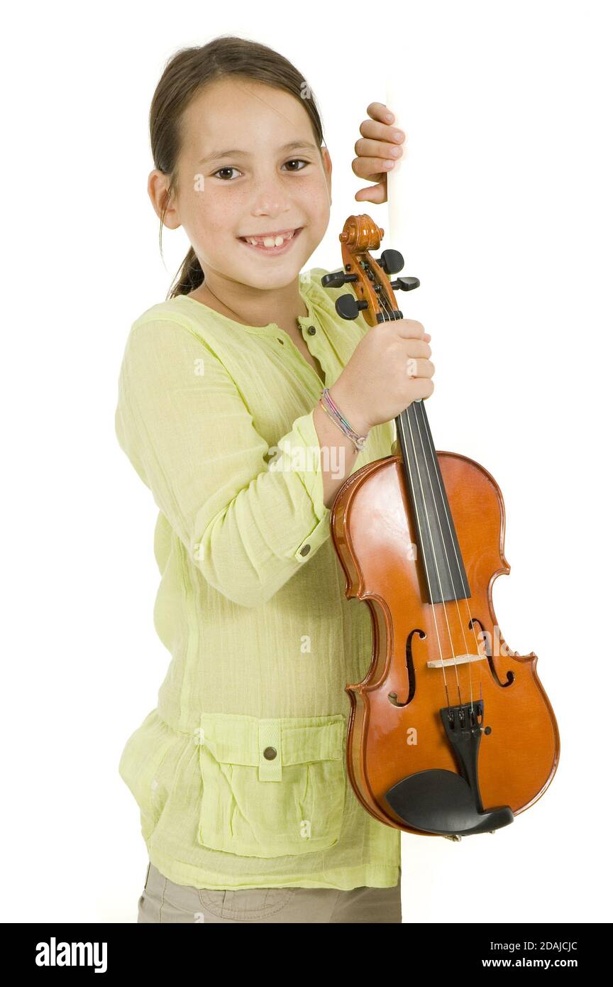 little girl with violin on a white banner isolated on white background ...