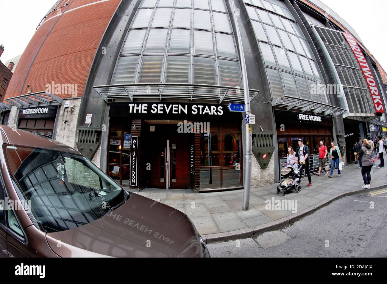 The Seven Stars pub in Printworks: multi-purpose entertainment hub in central Manchester, from Dantzic Street. Formerly a newspaper printing facility. Stock Photo