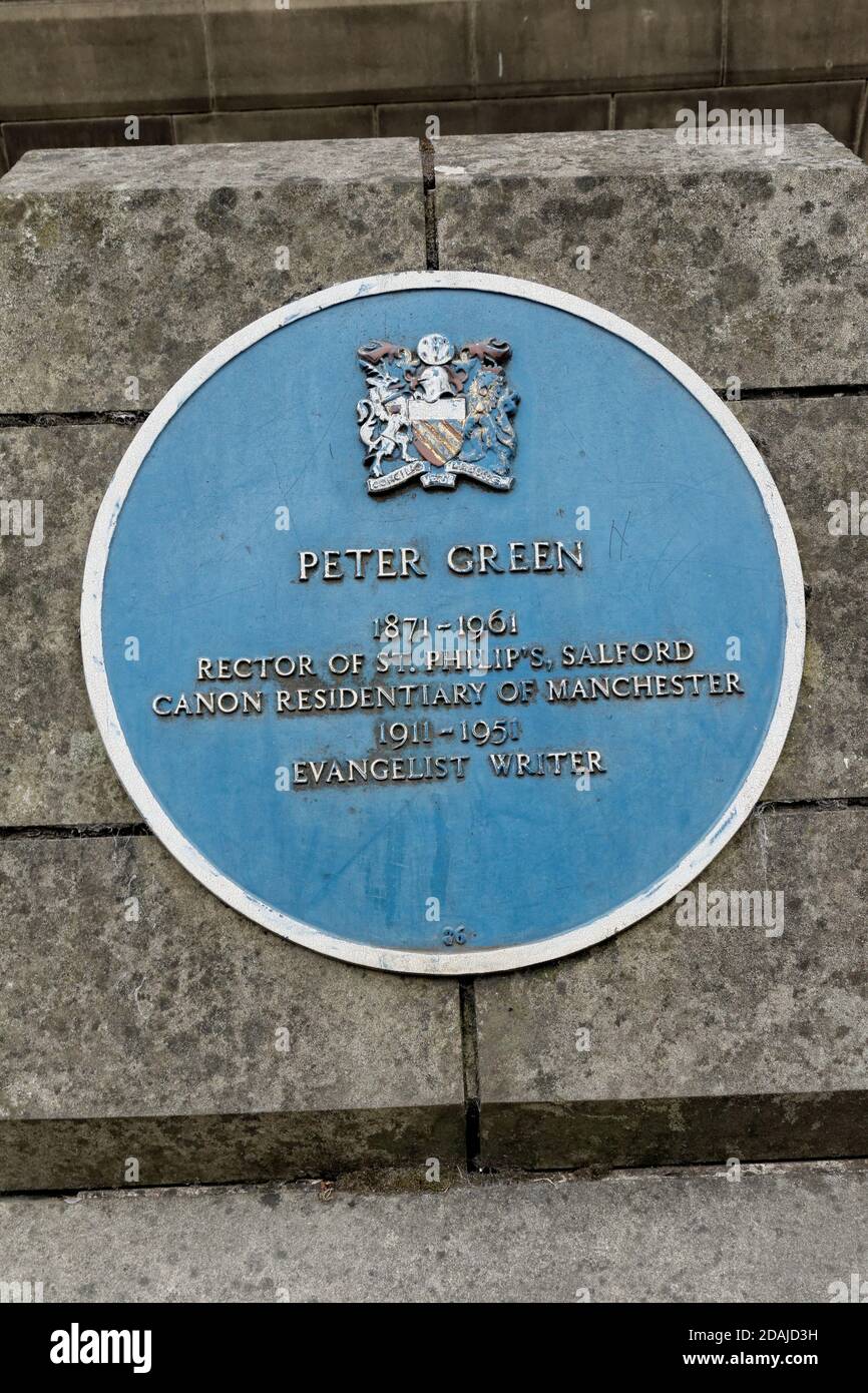 Plaque outside Manchester Cathedral in memory of Peter Green, a former residentiary Canon and also a vicar and rector of St Philip's Church, Salford. Stock Photo