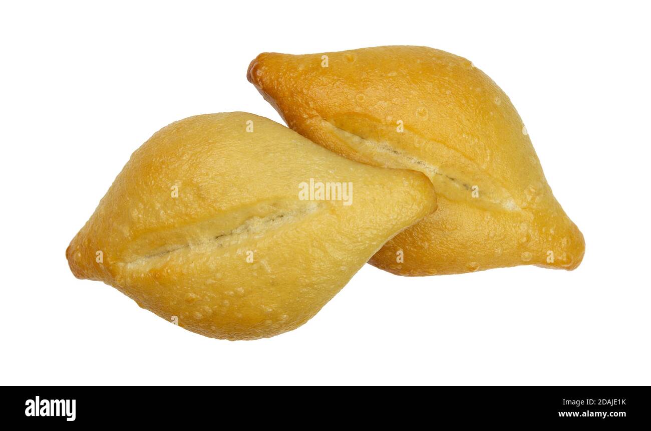 Top view of two freshly baked bolillo bread rolls isolated on a white background. Stock Photo