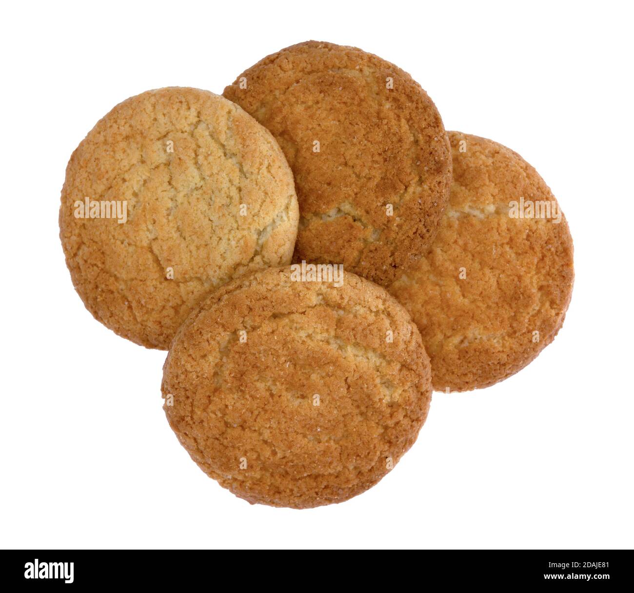 Top view of four coconut flavor cookies arranged and isolated on a white background. Stock Photo
