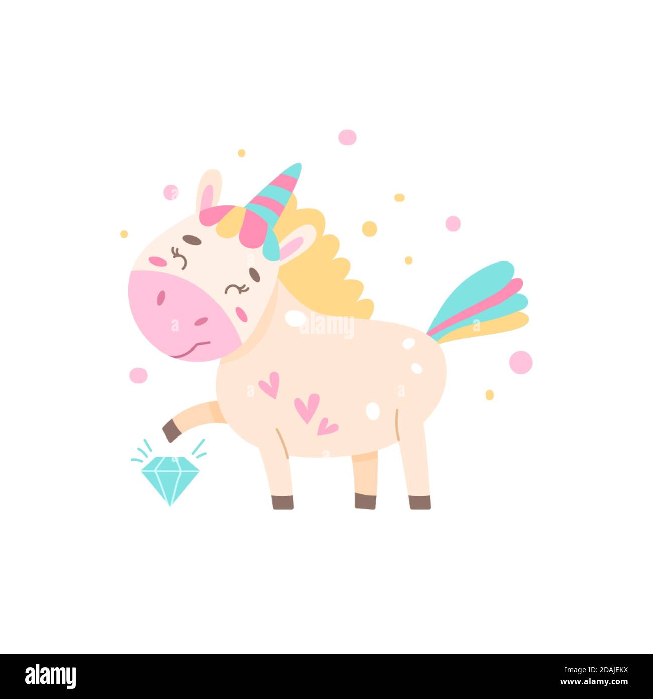 Cute rainbow unicorn punches diamond with his hoof. Stock Vector