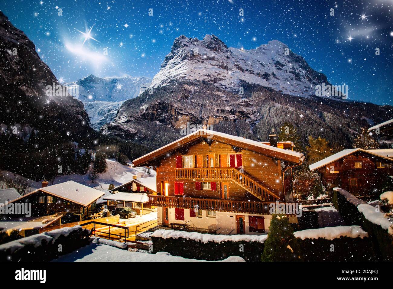 winter night Grindelwald snowy mountain, stars and wooden house Stock Photo Alamy
