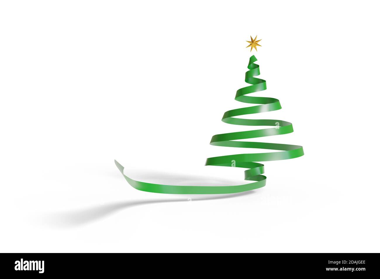 Green ribbon draws a Christmas tree with a gold star at its tip ...