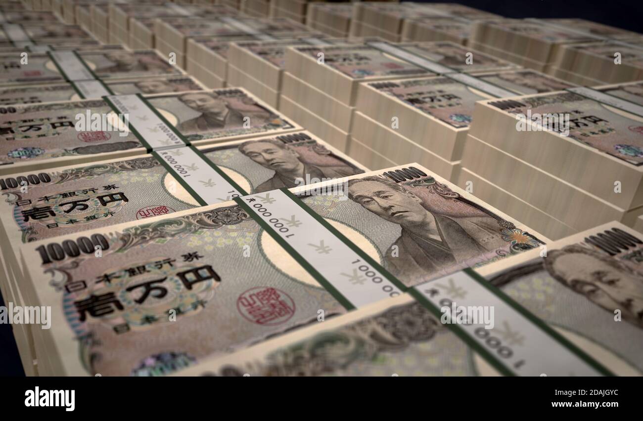 Japanese yen money pack 3d illustration. One JPY banknote bundle stacks. Concept of finance, cash, economy crisis, business success, recession, bank, Stock Photo