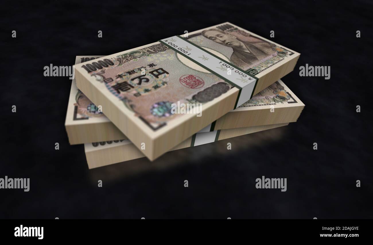Japanese yen money pack 3d illustration. One JPY banknote bundle stacks. Concept of finance, cash, economy crisis, business success, recession, bank, Stock Photo