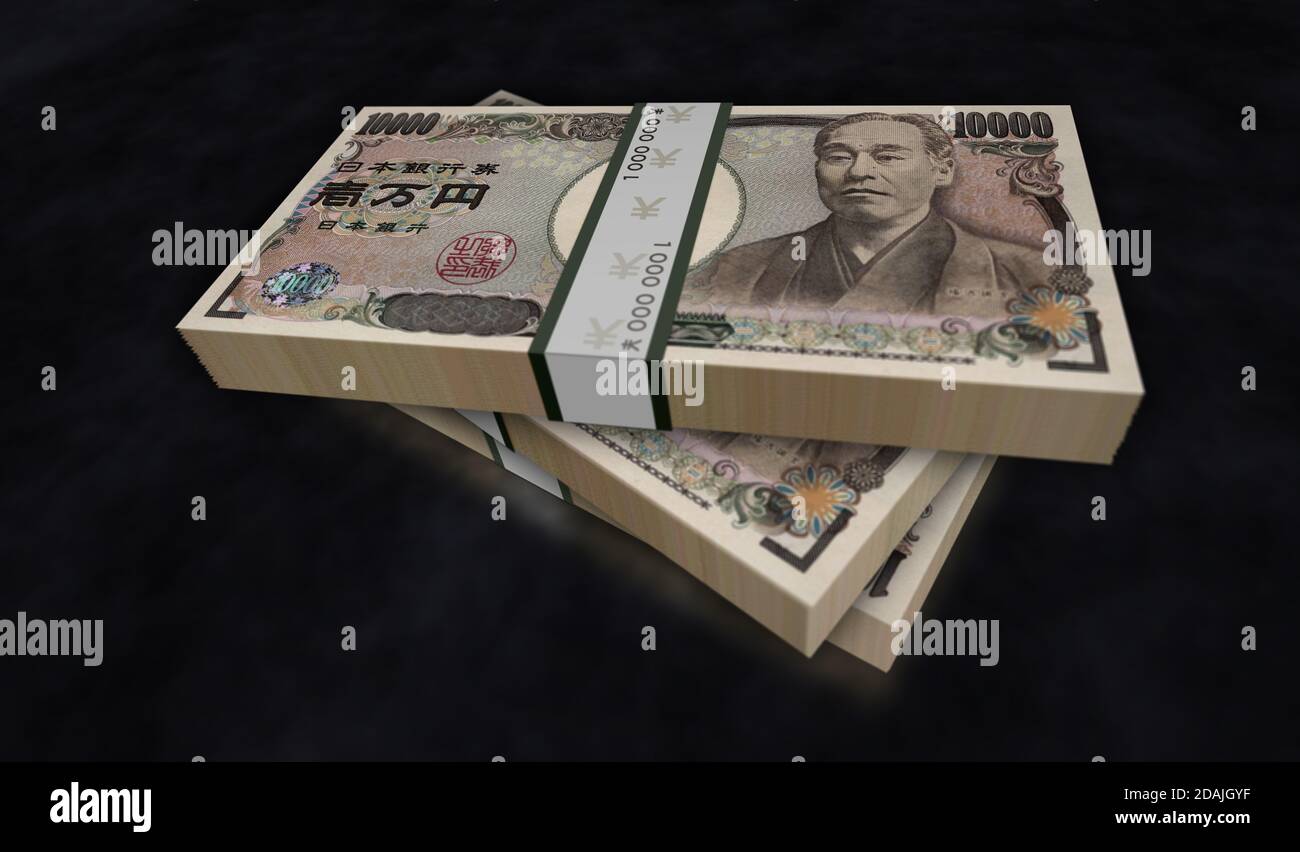 Japanese yen money pack 3d illustration. One JPY banknote bundle stacks.  Concept of finance, cash, economy crisis, business success, recession, bank  Stock Photo - Alamy