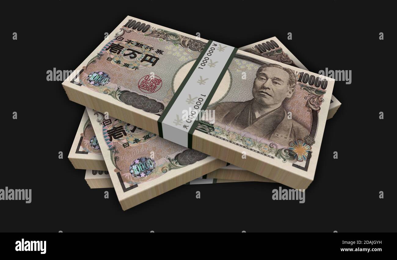 Japanese yen money pack 3d illustration. One JPY banknote bundle stacks.  Concept of finance, cash, economy crisis, business success, recession, bank  Stock Photo - Alamy