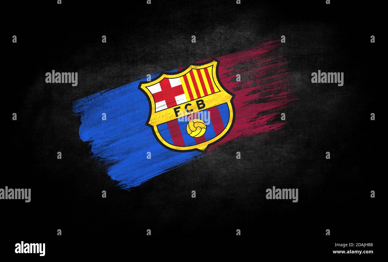 smear of paint in the form of the flag of Futbol Club Barcelona close-up on  a black background Stock Photo - Alamy, image size:1300x879