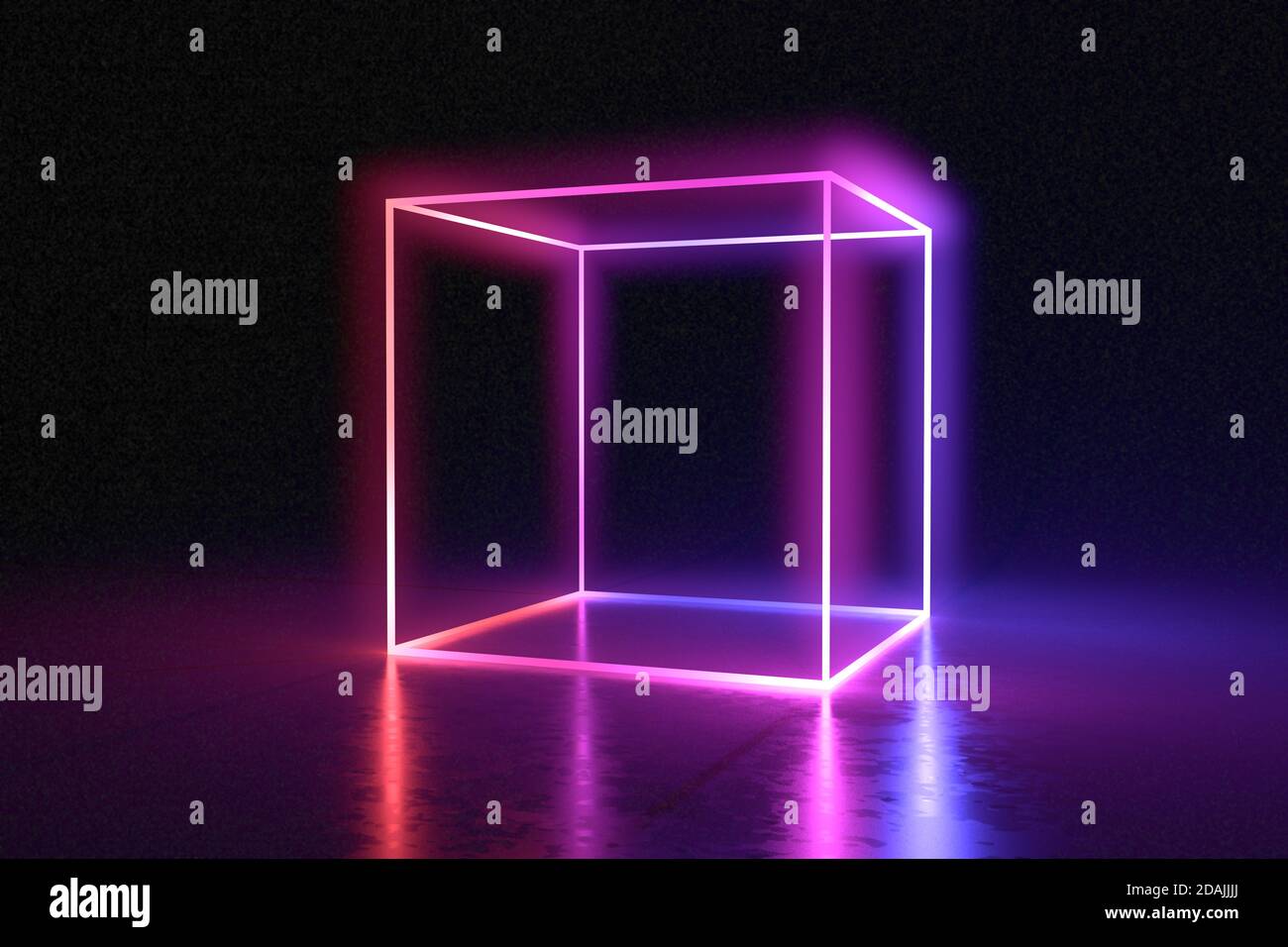 Abstract neon cube brightly shining in dark room. 3D rendered ...