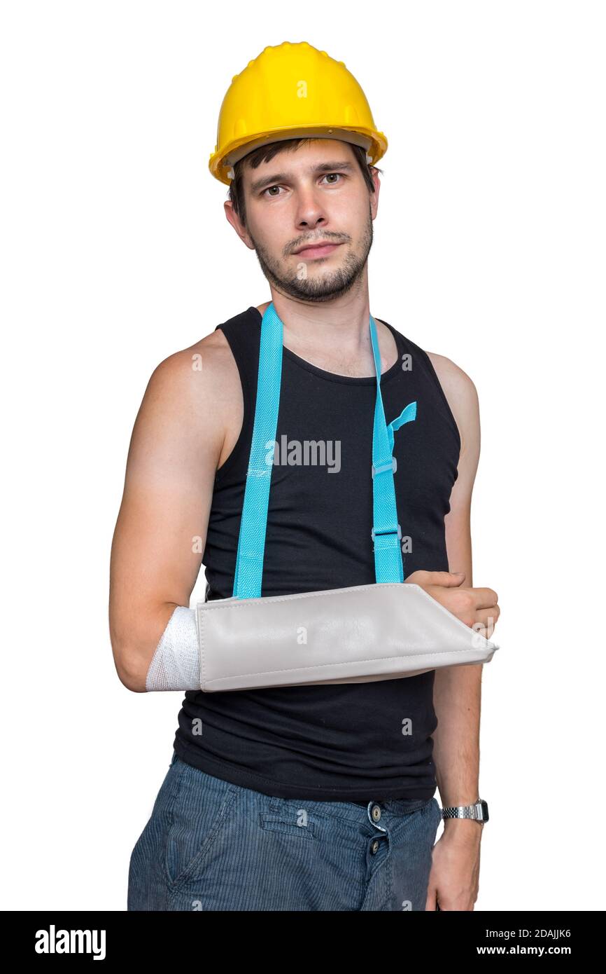 Injured worker is wearing medical sling on his arm. Isolated on white
