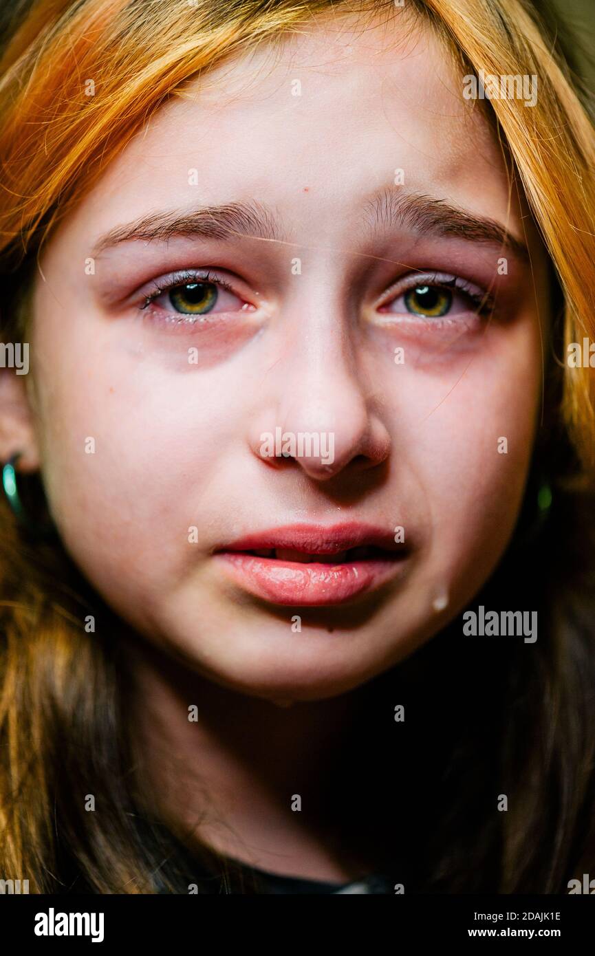 little sad girl after crying. Crying little beautiful girl with sad ...