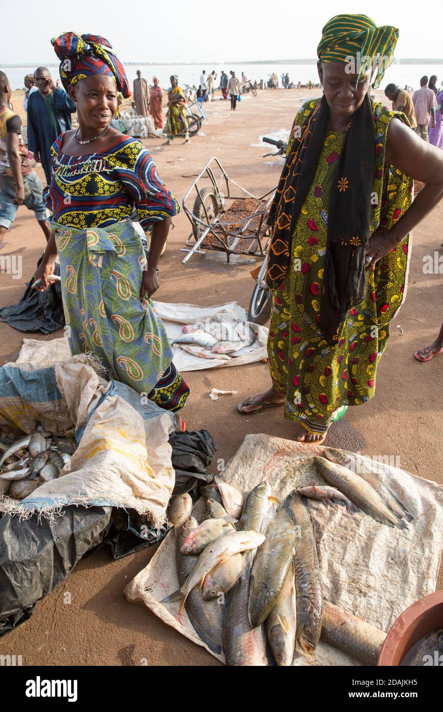 Carriere Fish market, Selingue, Mali, 27th April 2015; traders bringing their fish in to sell on market day. Fanta Fouret, 66, in green dress with red spots is buying fish from  the fishermen to sell to buyers from Bamako. Stock Photo