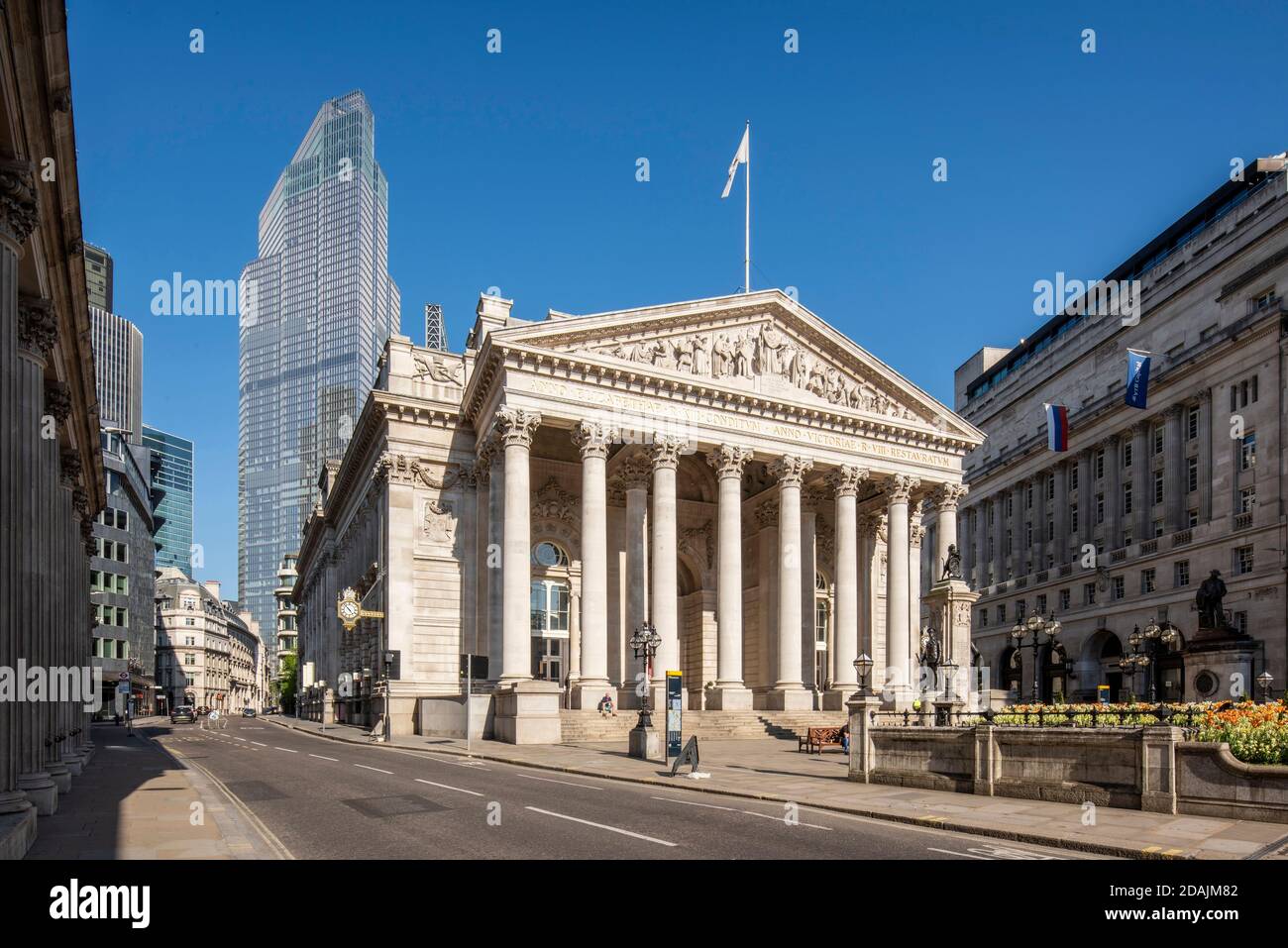 Oblique view of the west elevation from the north west on Threadneedle Street. City of London lockdown 2020 - Royal Exchange, London, United Kingdom. Stock Photo