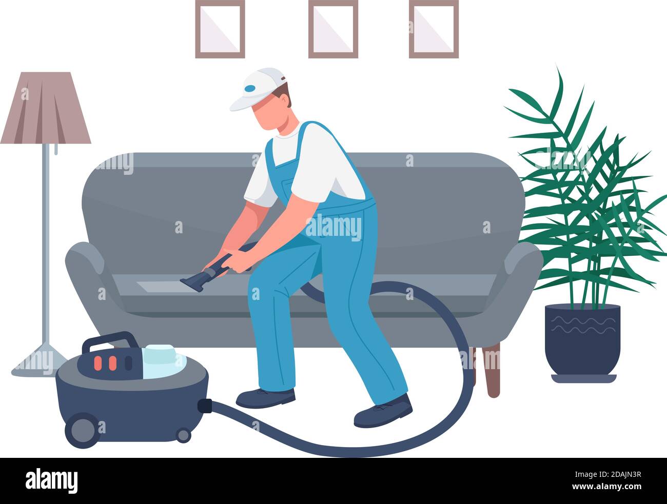 Janitor cleaning sofa flat character Stock Vector