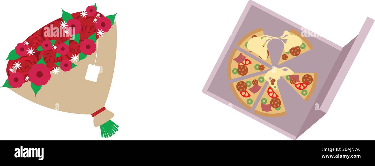 Pizza and roses flat color vector objects set Stock Vector
