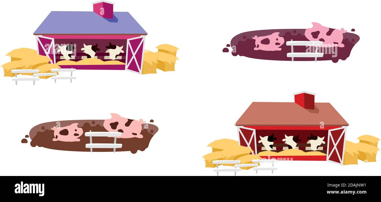 Cowsheds flat color vector objects set Stock Vector
