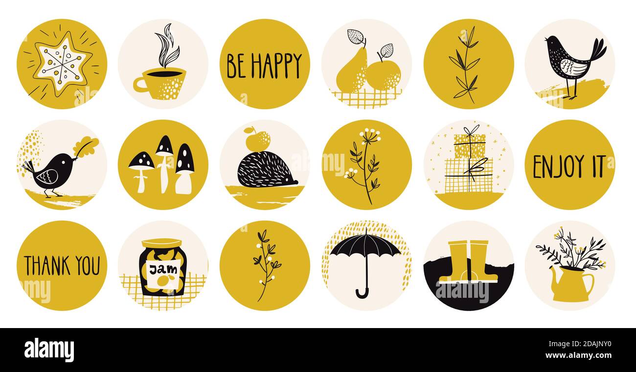 Set of various doodle highlights and story icons for social media Stock Vector