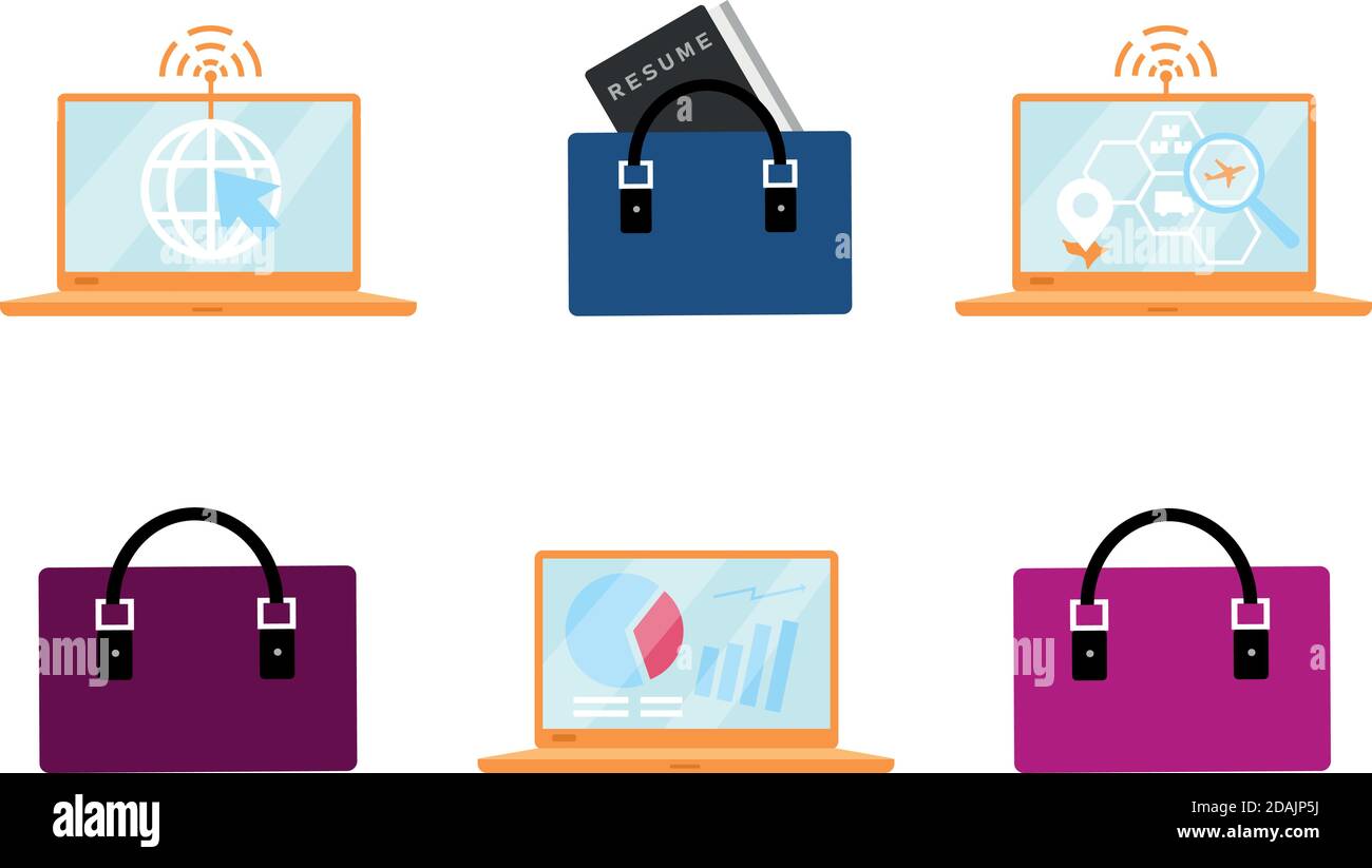 Business accessories and laptops flat color vector objects set Stock Vector
