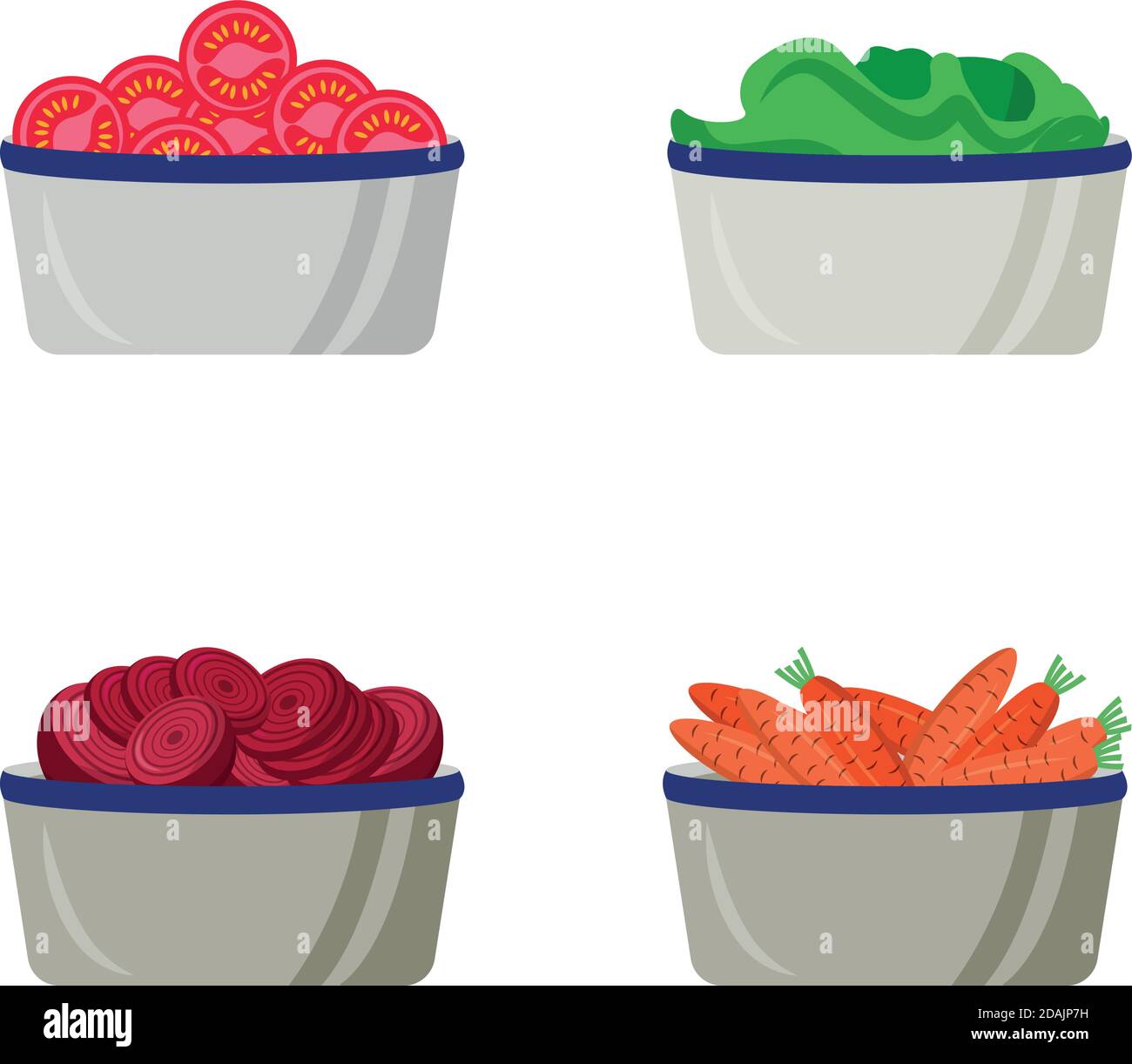 Sliced vegetables in plates flat color vector object set Stock Vector