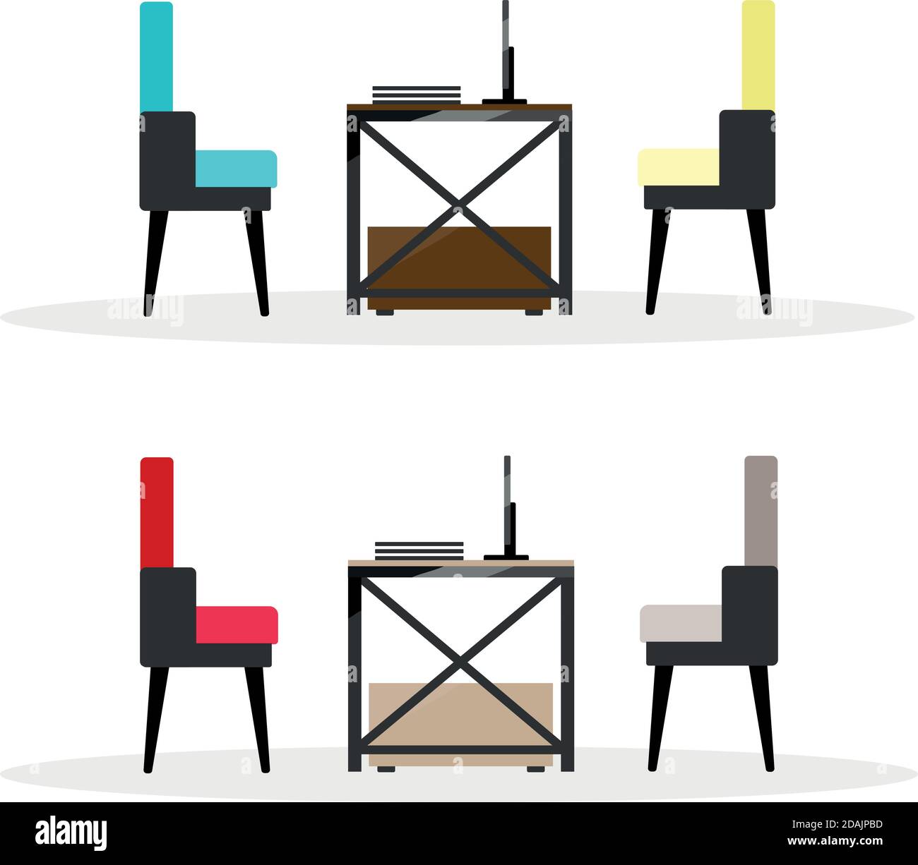 Computer table with chairs flat color vector objects set Stock Vector