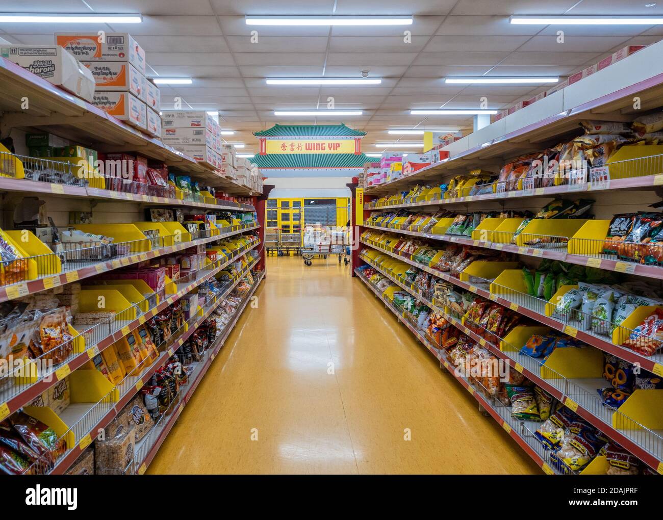 The interior and shopping floor of a Chinese food supermarket Stock