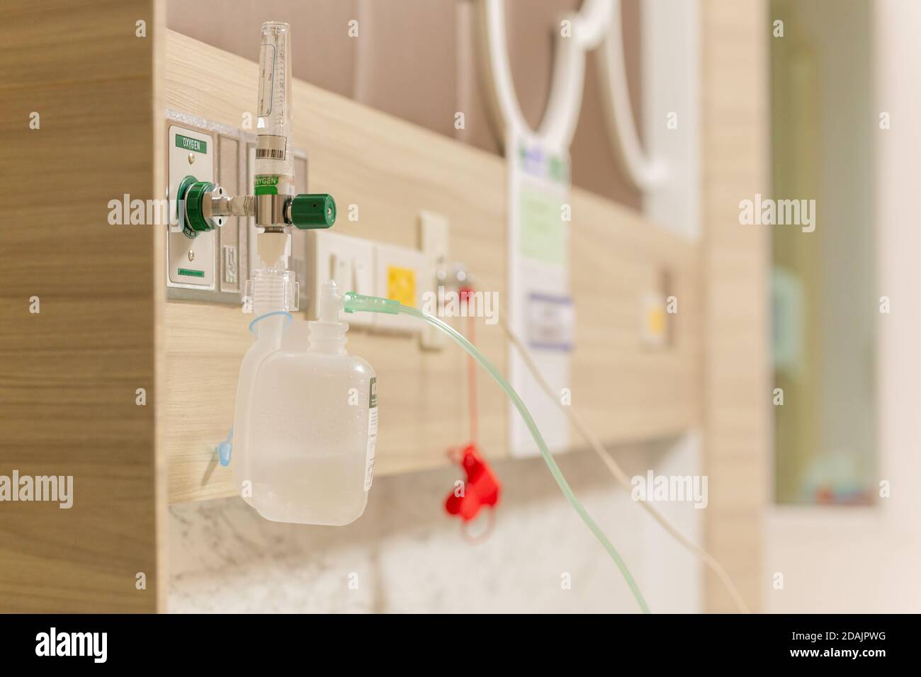 Oxygen flowmeter gauge with nozzle in medical center hospital Stock