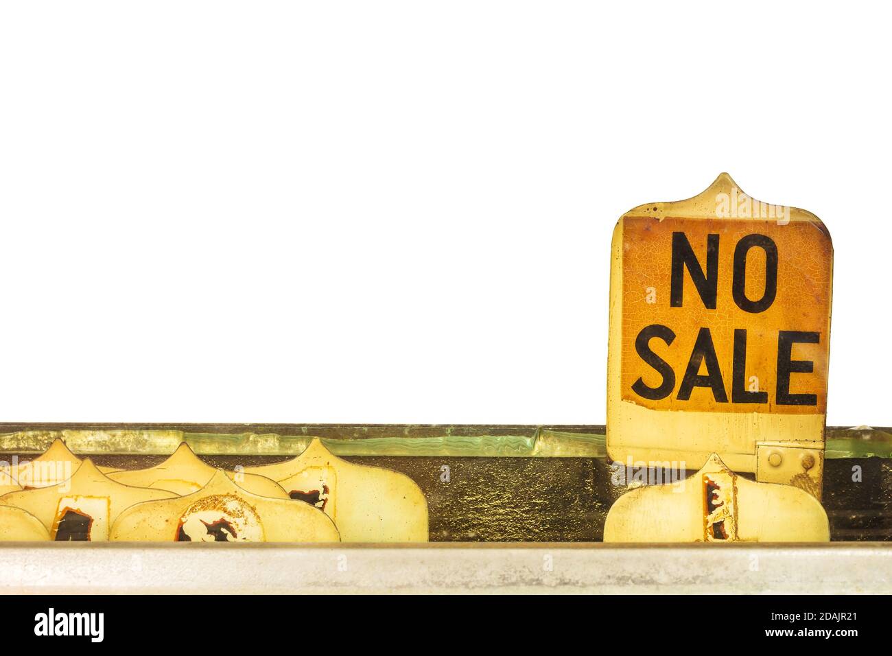Detail of an old cash register with a 'No Sale' label isolated on a white background Stock Photo