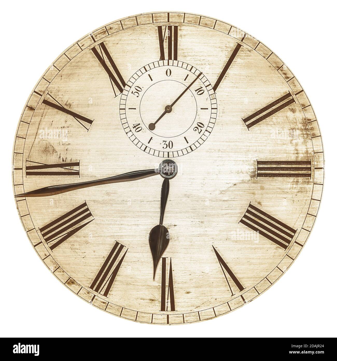 Sepia toned image of an old clock face isolated on a white background Stock Photo