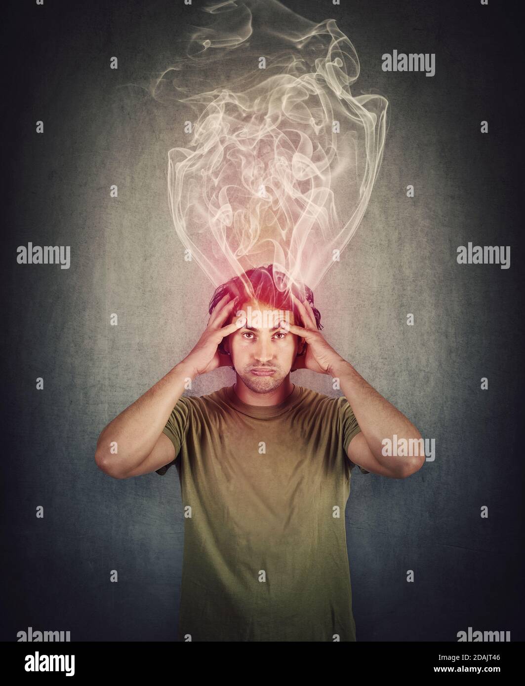 Fatigue and annoyed man, feels like mind is boiling as dense steam