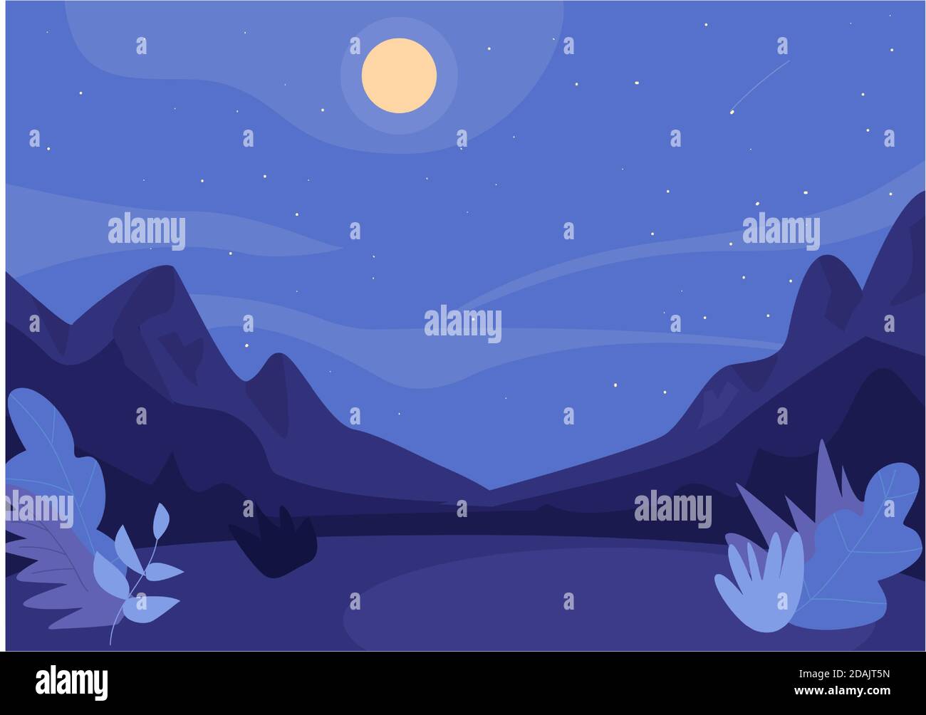 Nighttime forest clearing flat color vector illustration Stock Vector