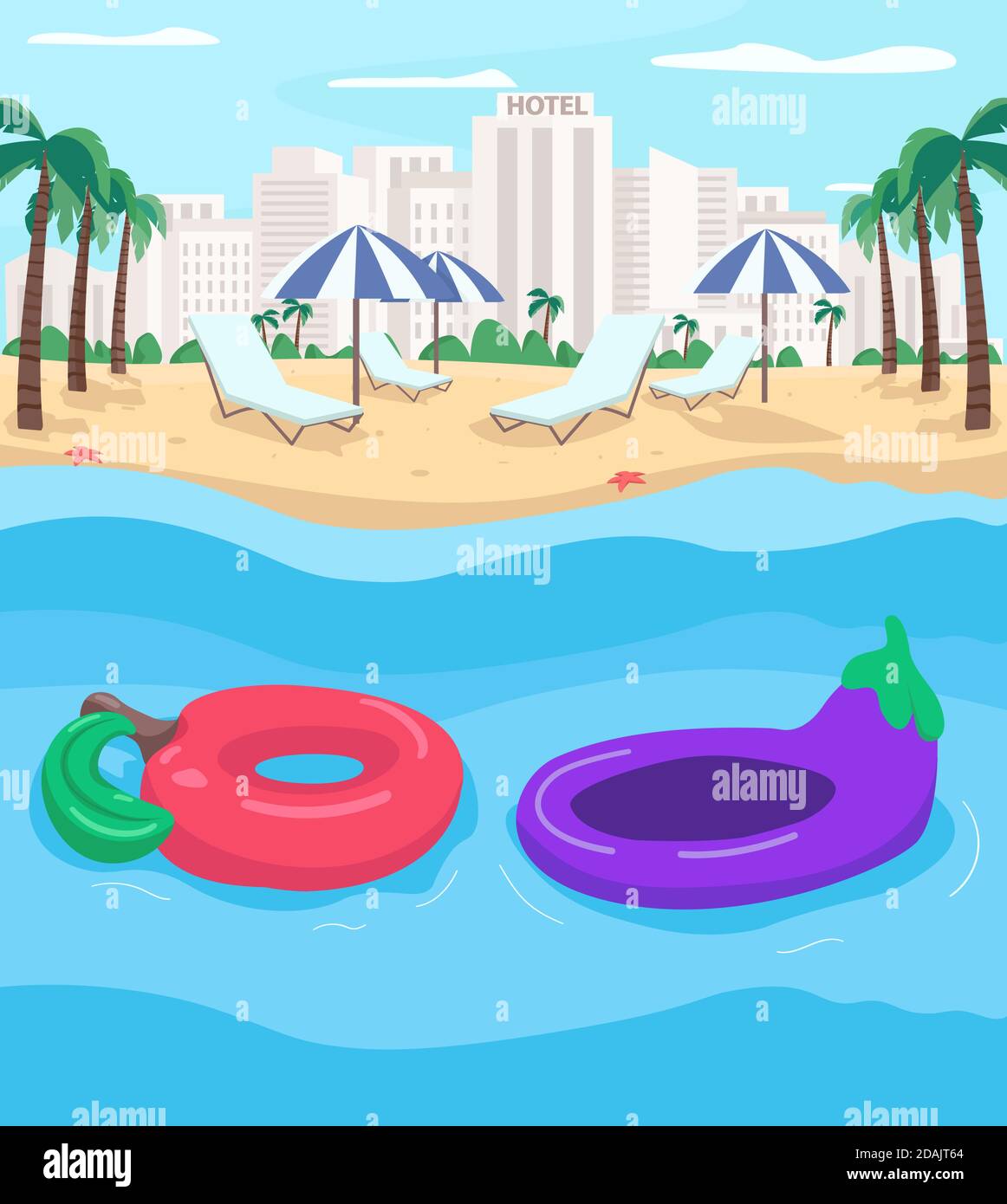 Summer resort and inflatables flat color vector illustration Stock Vector