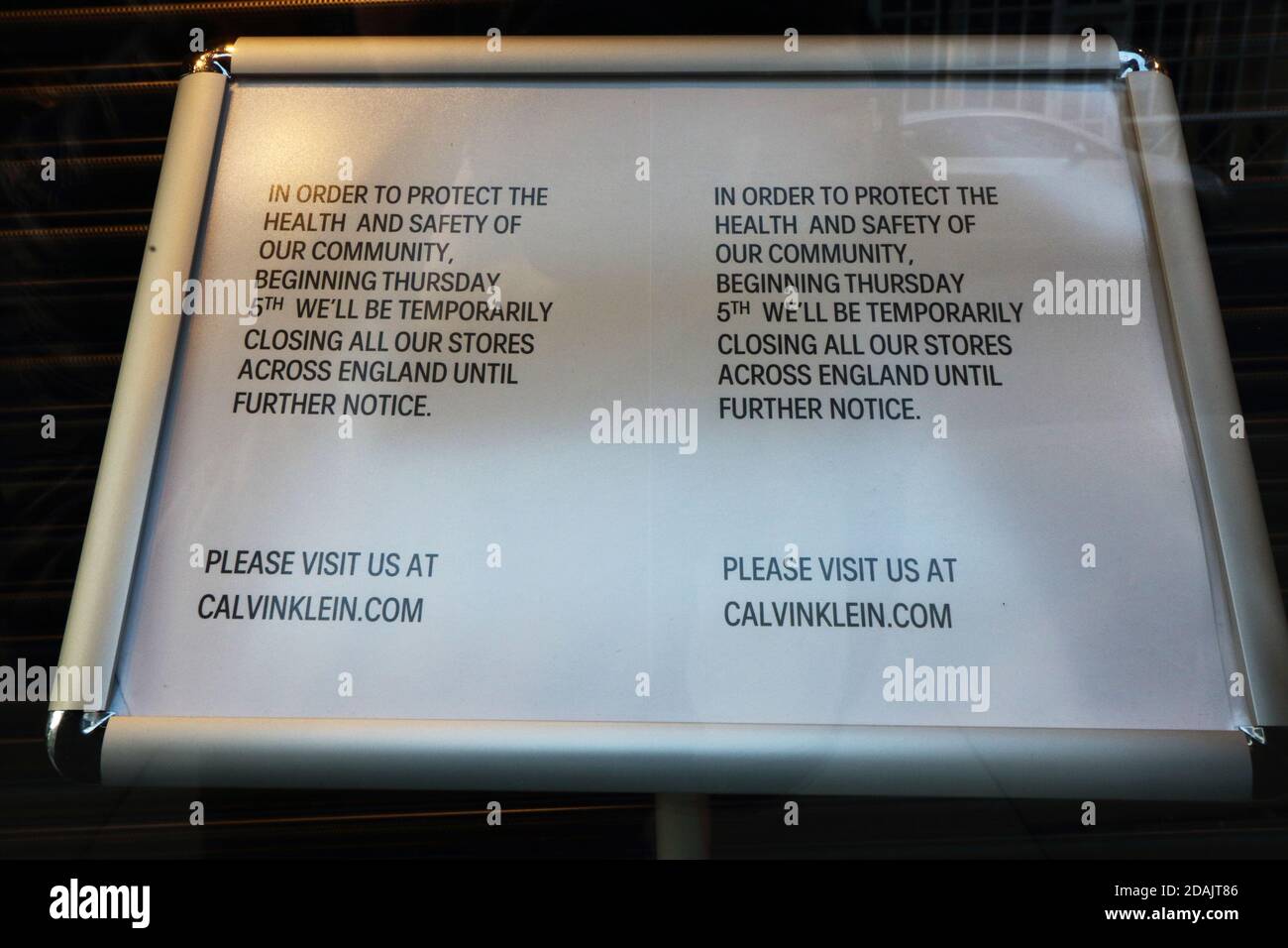 View of a notice at the window of a Calvin Klein store in Long Acre Street. A week into the second Nationwide Lockdown in England aka Lockdown 2.0 streets in some usually busy tourist and hospitality ...