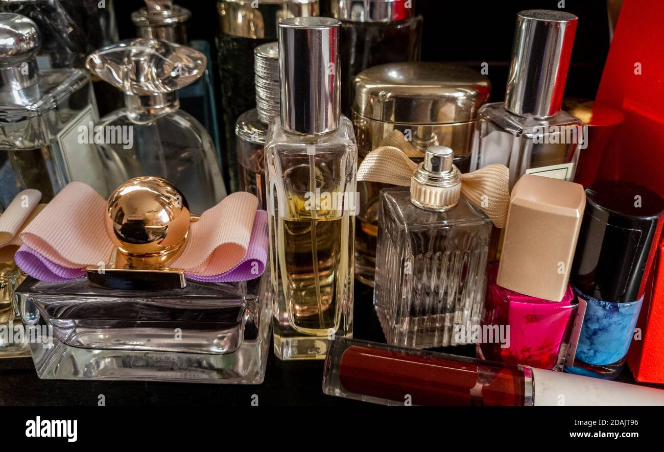 Close up of bottles of perfumes. Stock Photo