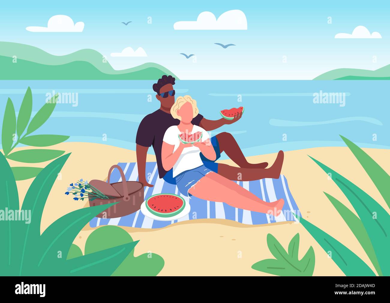 Romantic picnic on beach flat color vector illustration Stock Vector ...