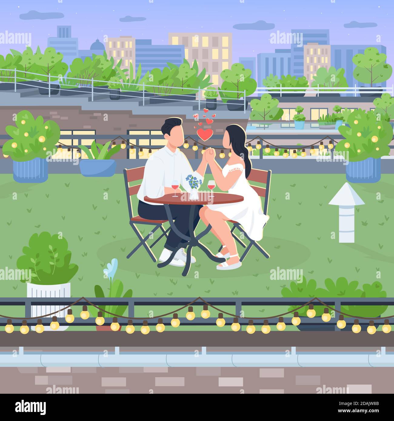 Romantic roof date flat color vector illustration Stock Vector