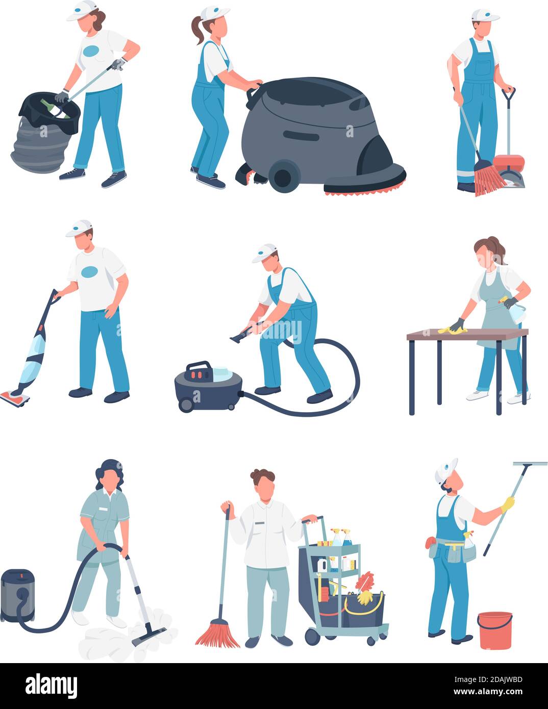 Janitors flat color vector faceless characters set Stock Vector